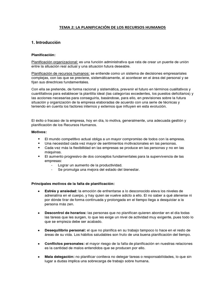 Tema 2 La Planificación De Los Rrhh Pdf Gestión De Recursos