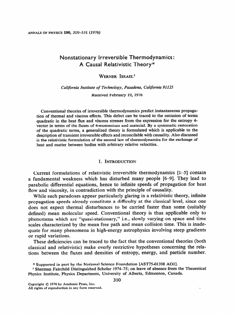 Nonstationary Irreversible Thermodynamics Israel Download Free PDF