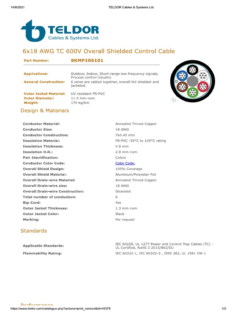 Cable de Control Blindado General 6x18 AWG TC 600V | PDF | Computers