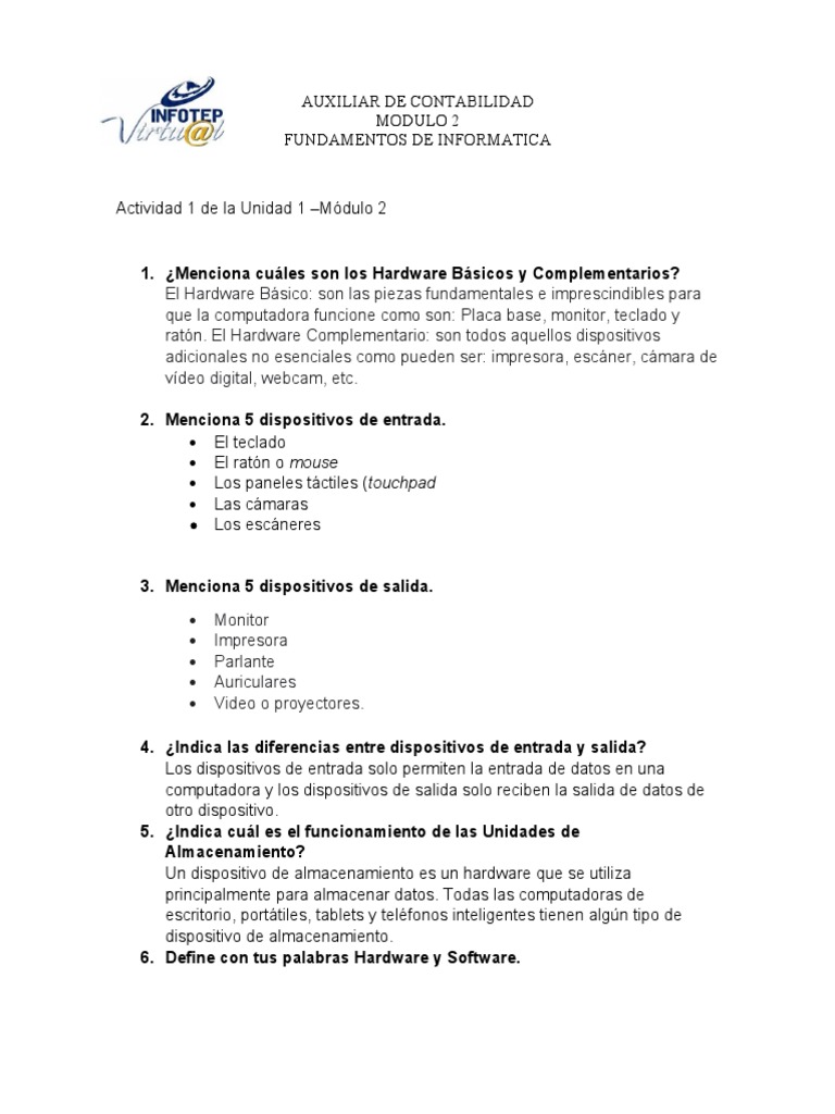 Actividad 1, Uni 1 Módulo 2 | PDF | Hardware de la computadora | Periférico