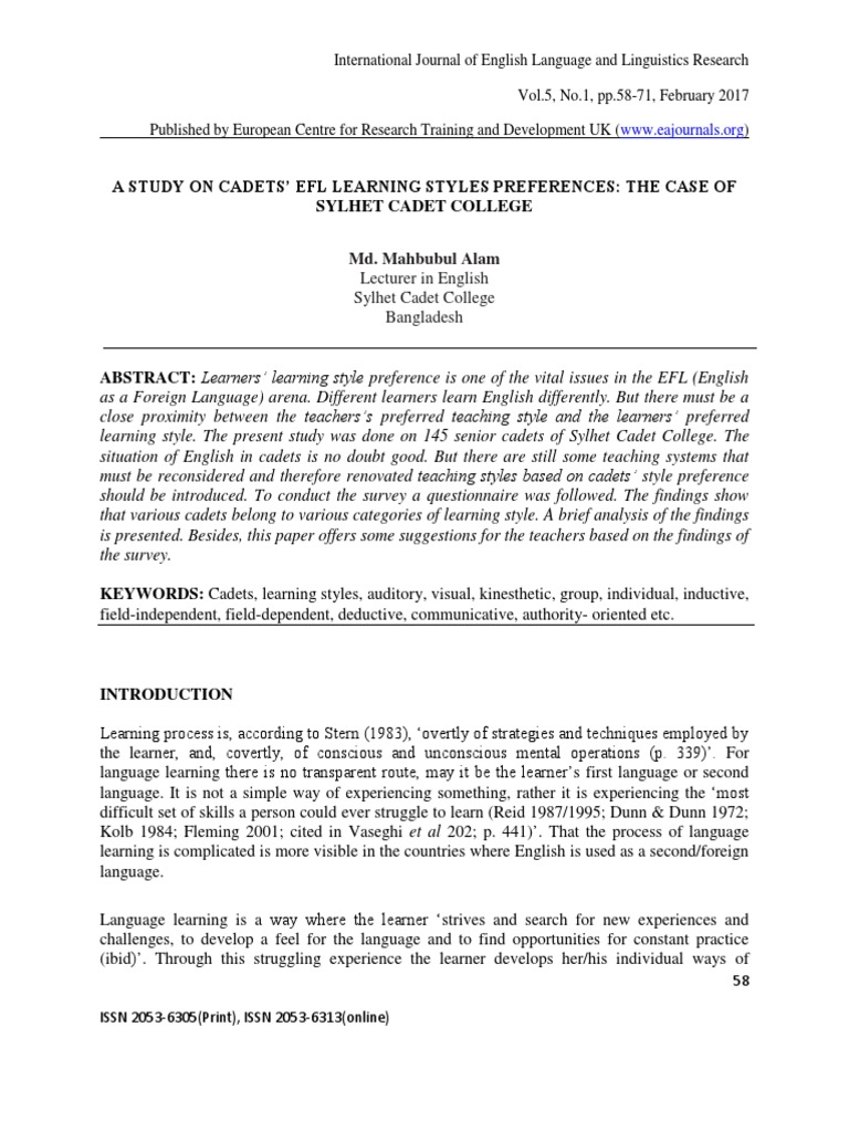 A Study On Cadets' EFL Learning Styles Preferences The Case of Sylhet ...