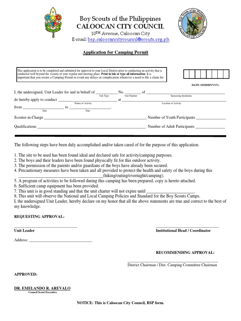 Camp Permit PDF Camping Boy Scouts Of America