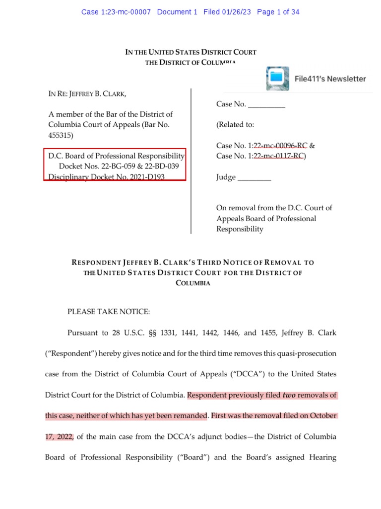 Jeffrey Clark V DC BAR Ethics Board Notice of 3rd Removal PDF