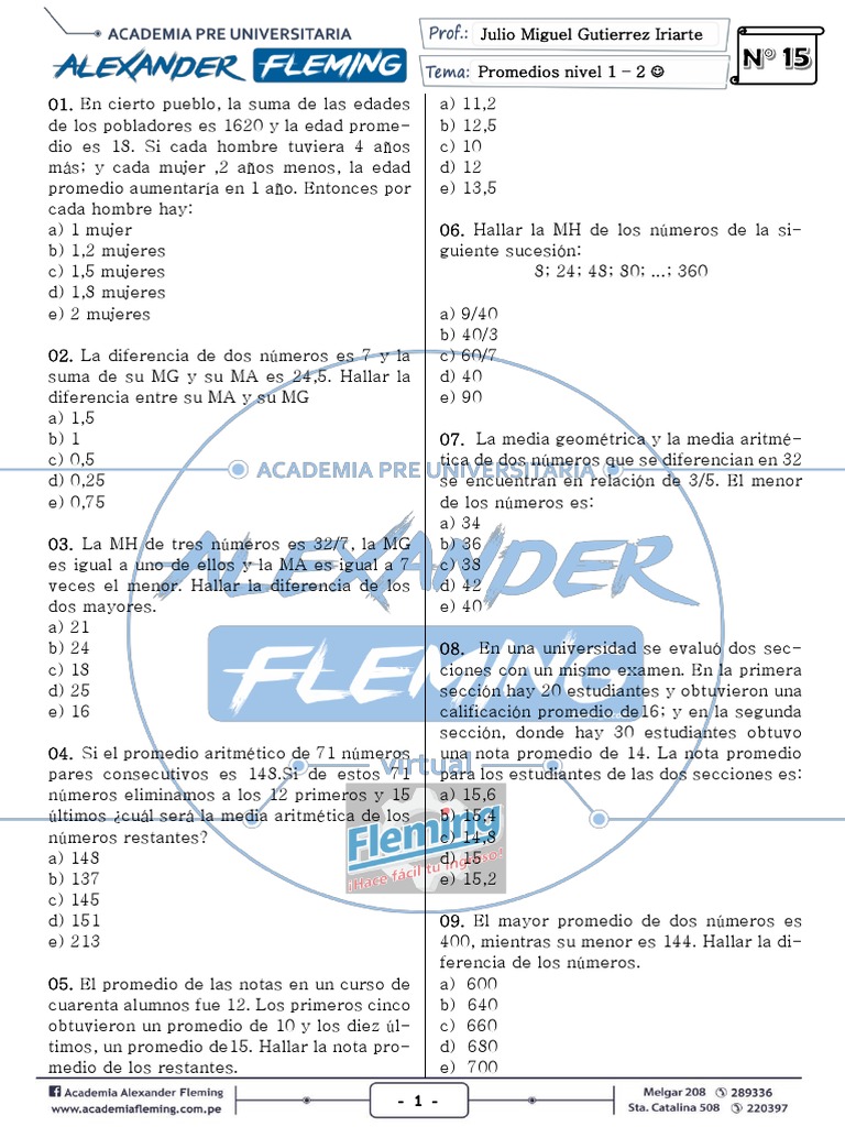 15 Promedios Nivel 1 Pdf Aritmética Matemáticas