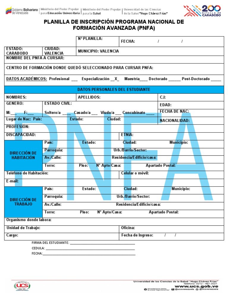 Planilla de Inscripción Pnfa 2022 | PDF