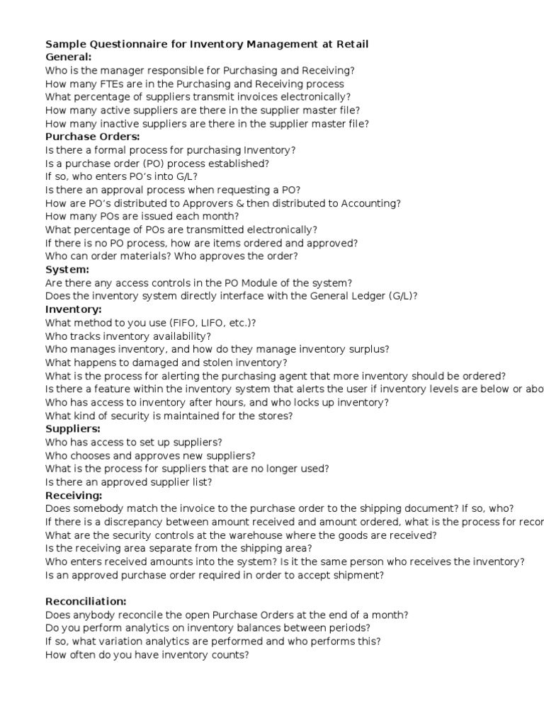 Sample Inventory Questionnaire | Inventory | Bookkeeping