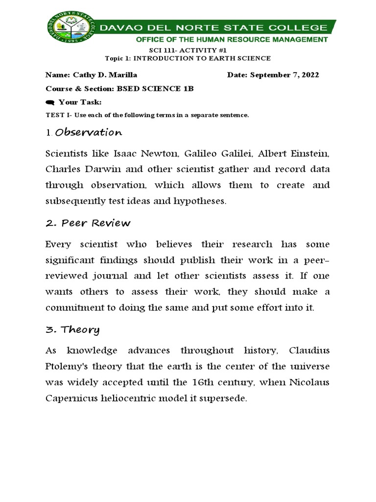 Activity 1 - Introduction To Earth Science | PDF | Science | Hypothesis
