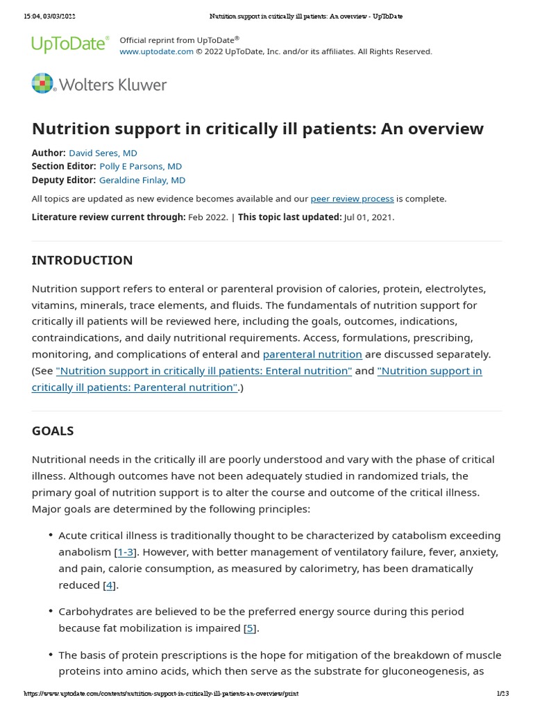 Nutrition Support in Critically Ill Patients - An Overview - UpToDate ...