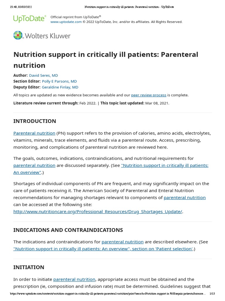 Nutrition Support in Critically Ill Patients - Parenteral Nutrition ...