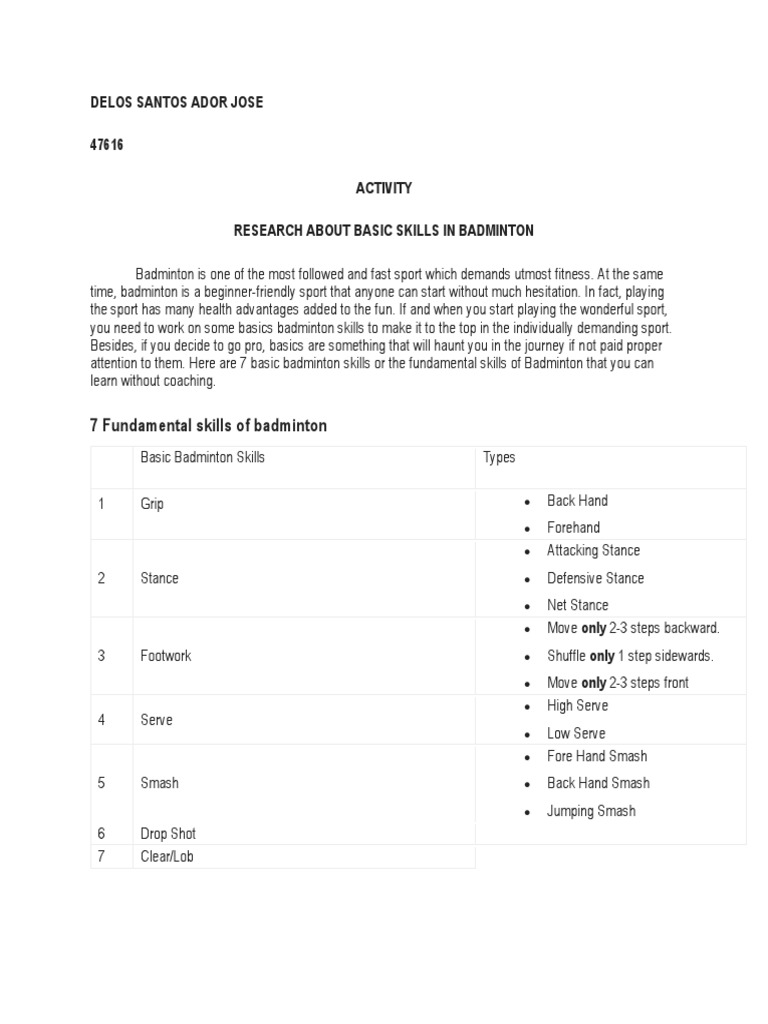 Activity Basic Skills In Badminton Pdf Athletic Sports Ball Games