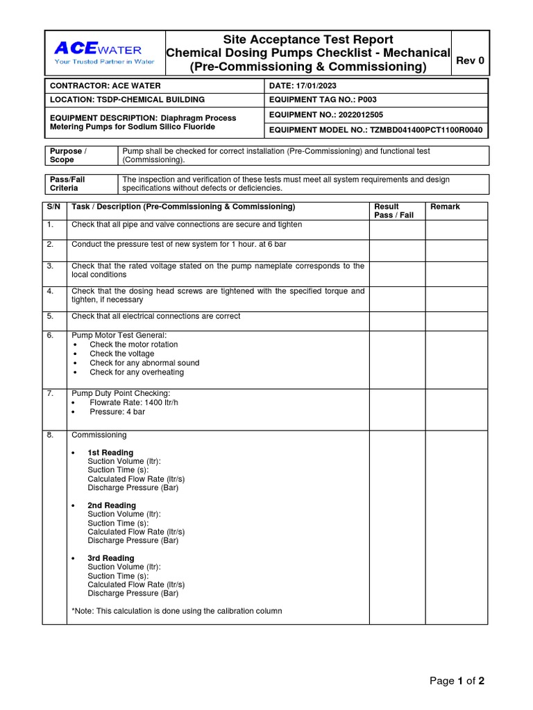 Dosing Pumps Checklist PDF Pump Flow Measurement