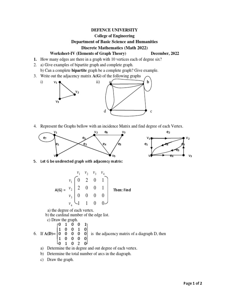 Graph Theory Worksheet Overview | PDF | Vertex (Graph Theory) | Graph ...