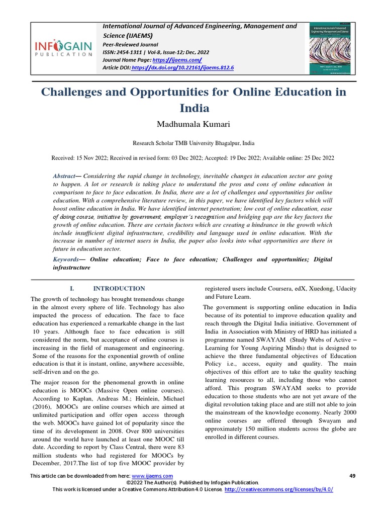 Challenges and Opportunities For Online Education in India | PDF ...