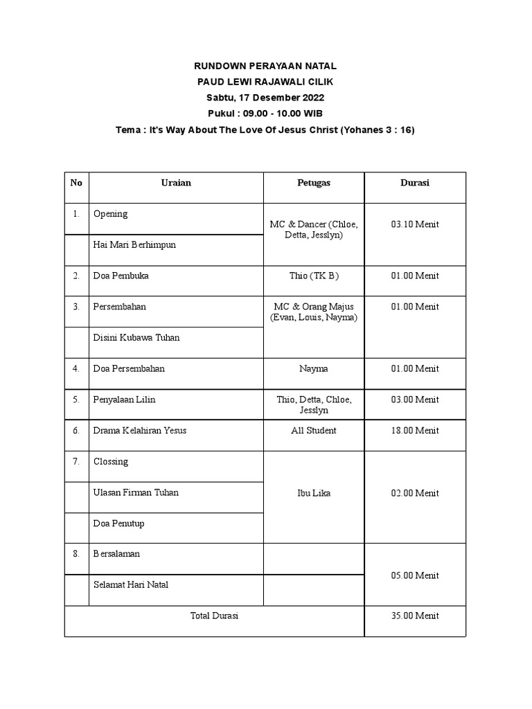 Rundown Acara Natal PAUD Lewi Rajawali | PDF
