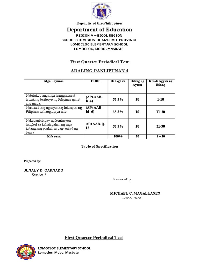 Department of Education: First Quarter Periodical Test Araling ...