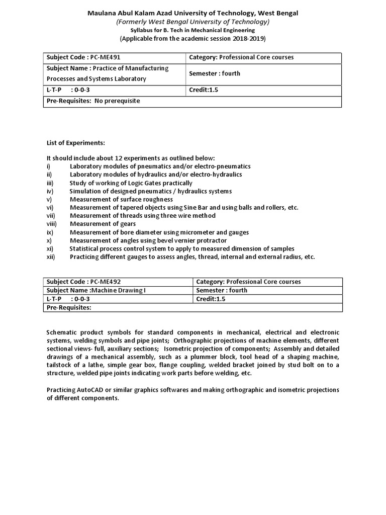 Practice of Manufacturing Processes and Systems Laboratory Syllabus MAKAUT PDF