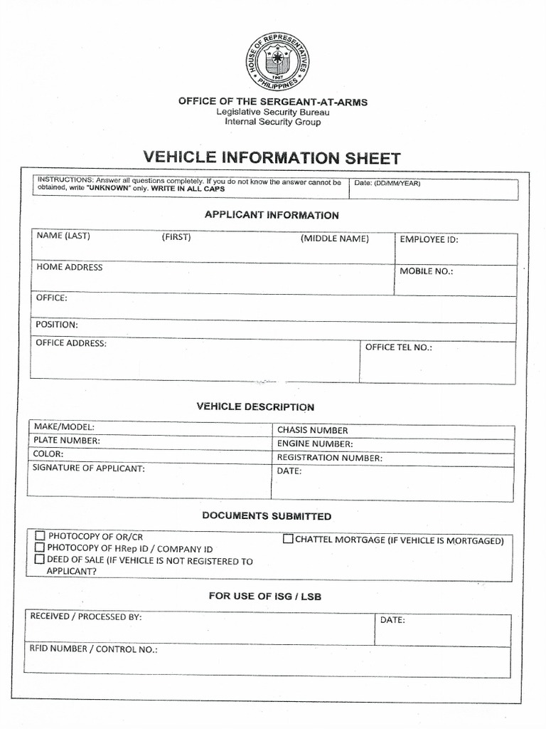 Vehicle Information Sheet PDF