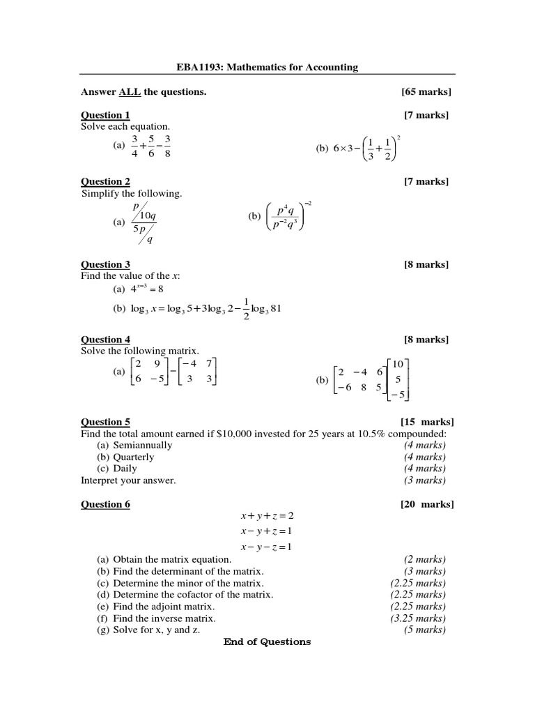 Mathematics for Accounting Exam Guide | PDF | Mathematics ...