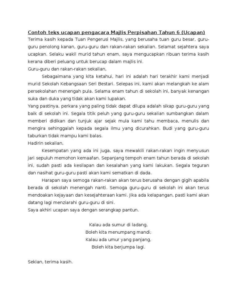 Contoh Teks Ucapan Pengacara Majlis Perpisahan Tahun 6