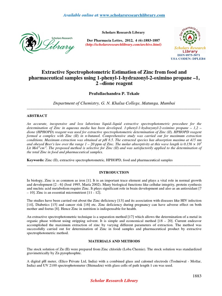 Extractive Spectrophotometric Estimation of Zinc From Food and