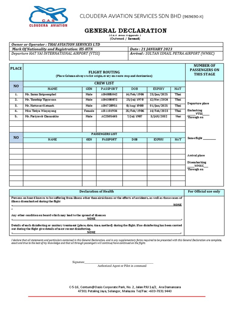 General Declaration for Flight HS-HTN | PDF | Airliner Accidents And ...