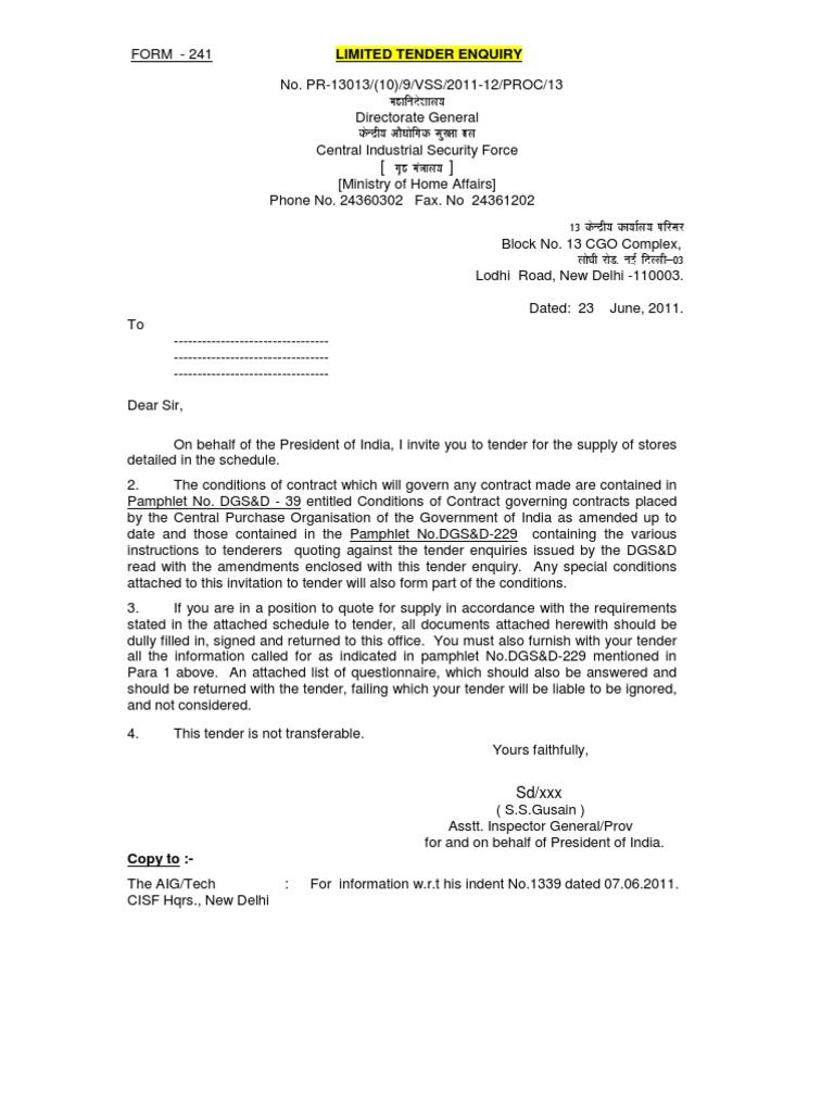 Form - 241 Limited Tender Enquiry: Egkfuns'Kky Dsunzh VKS?KKSFXD LQJ ...