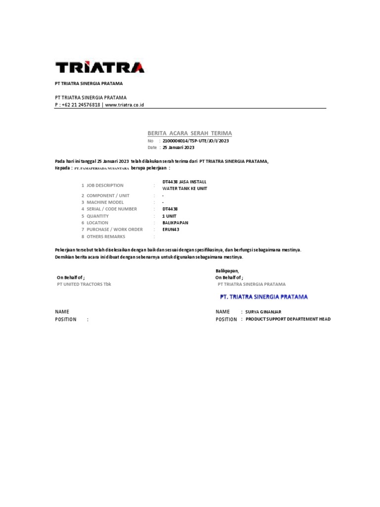 Serah Terima Pekerjaan PT Triatra | PDF