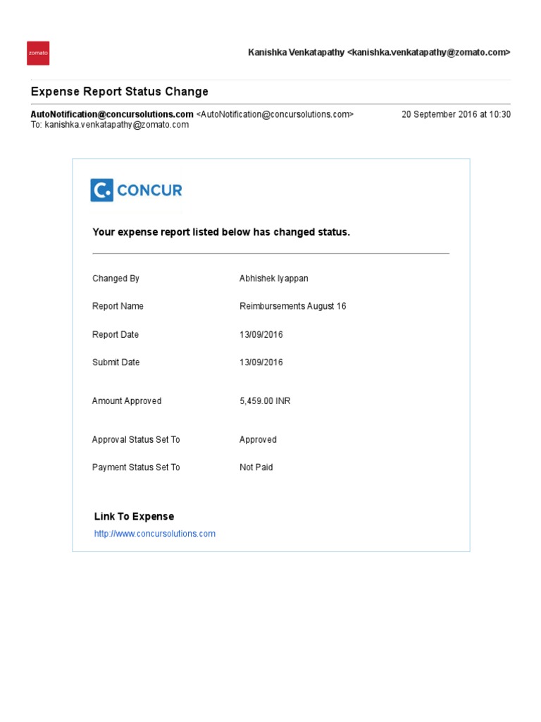 Zomato Mail Expense Report Status Change PDF