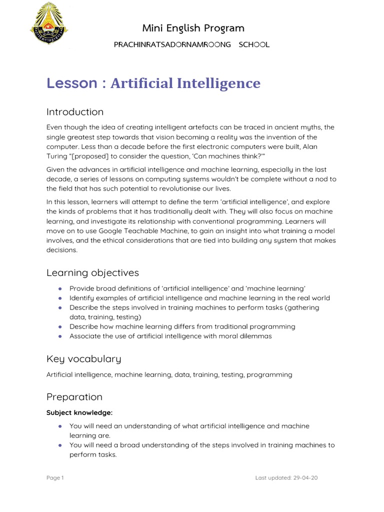 AI and Machine Learning Lesson Plan | PDF | Intelligence (AI ...