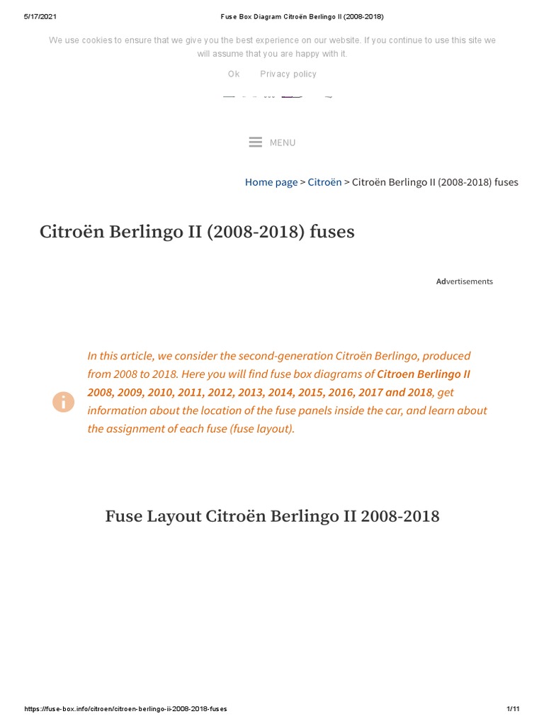 Fuse Box Diagram Citroën Berlingo II (20082018) PDF Headlamp