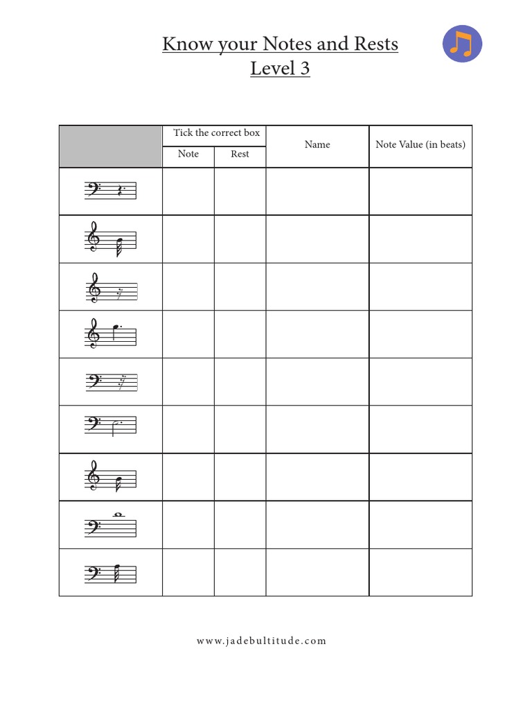Note and Rest Naming Level 3 PDF
