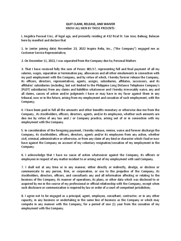 Quit Claim Form | PDF | Employment | Private Law