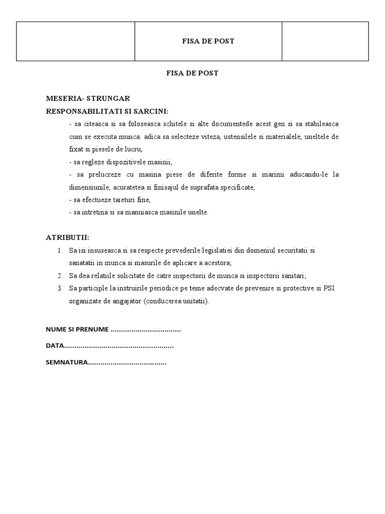 Fisa Postului Strungar | PDF