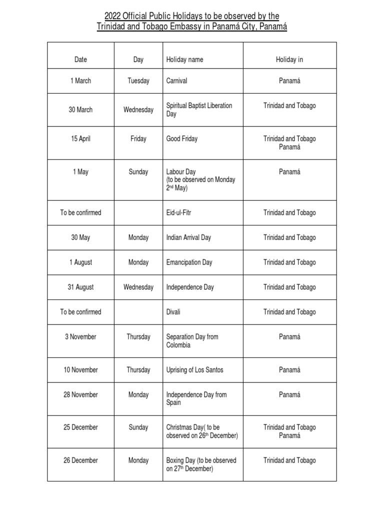 Public Holidays 2022 PDF
