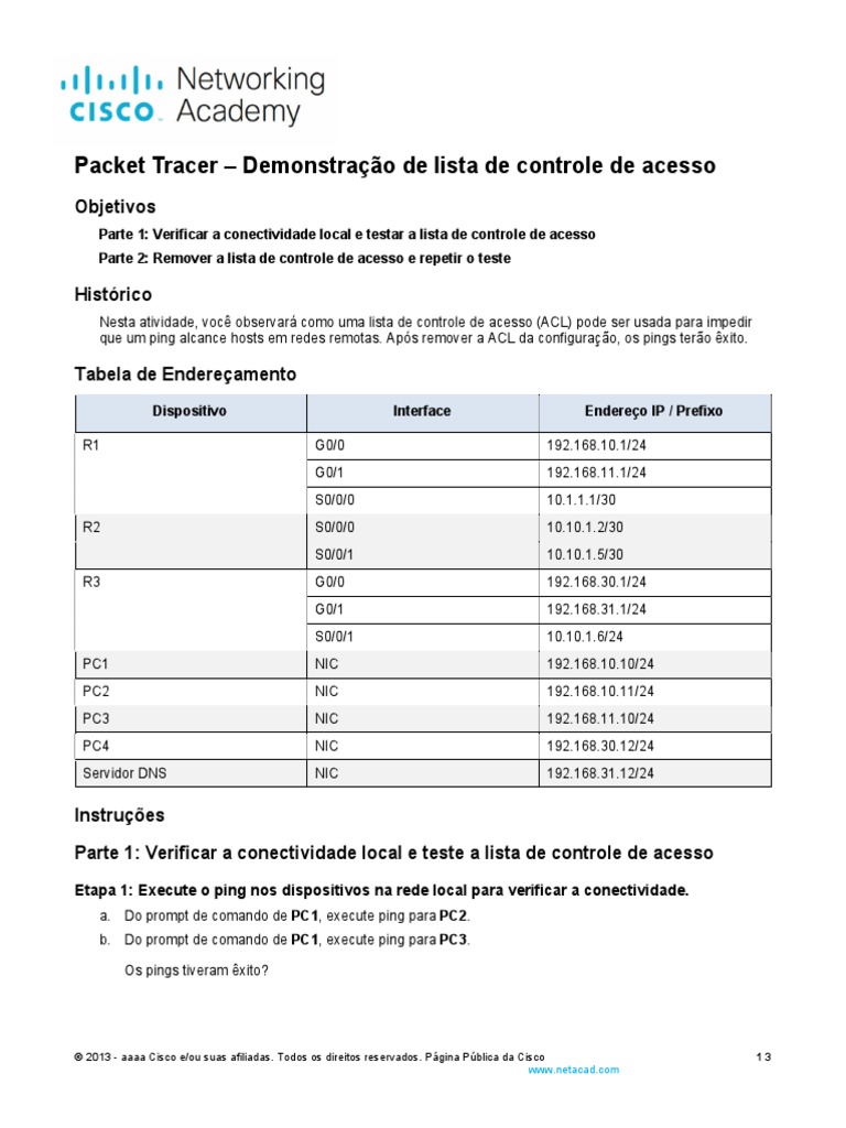 4 1 4 packet tracer acl demonstration pt br pdf endere o de ip