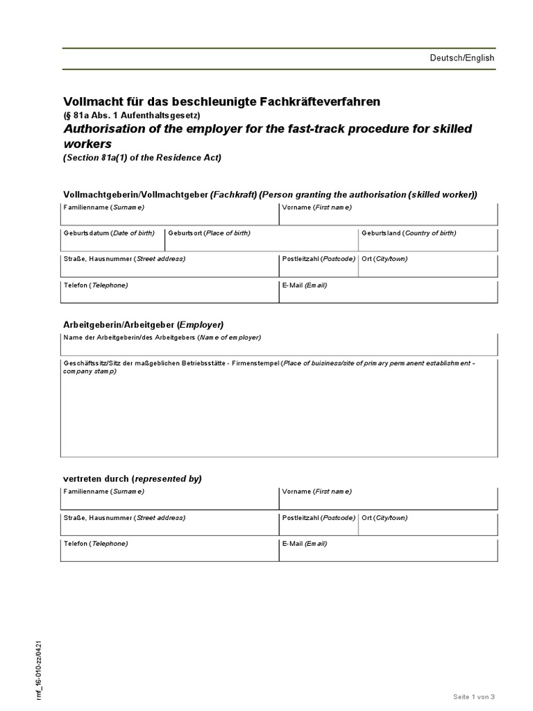 Beschleunigtes Fachkräfteverfahren Vollmacht Nach 81a Abs. 1 AufenthG Deutsch Englisch PDF