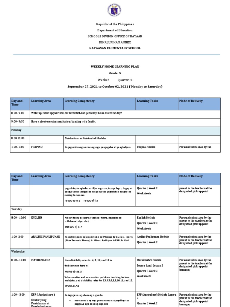 Weekly Home Learning Plan Grade 5