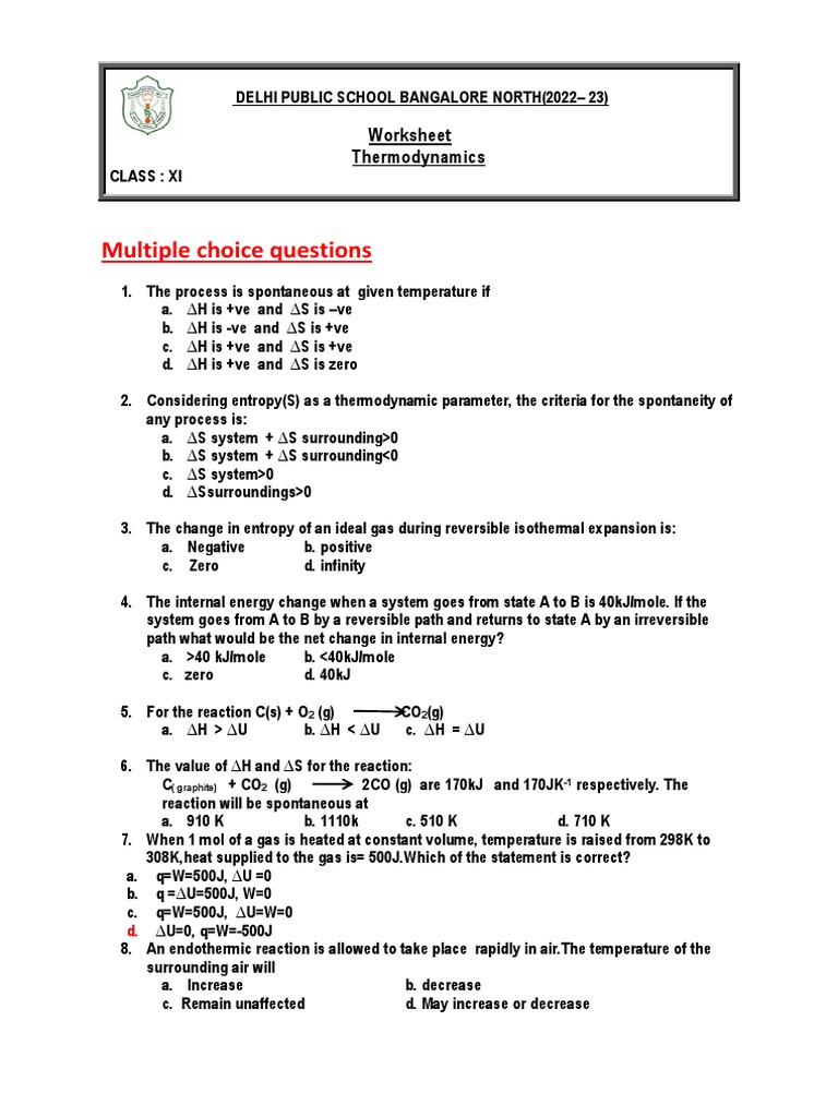 Multiple Choice Questions Worksheet Thermodynamics PDF Chemical