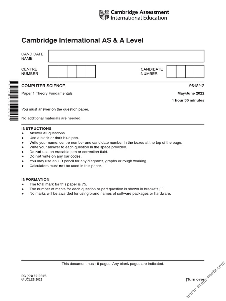 Cambridge International AS & A Level: Computer Science 9618/12 | PDF ...
