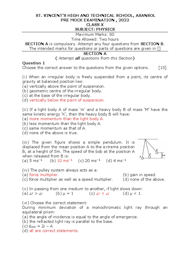 Marking Scheme Premock 2022 Physics Class 10 | PDF | Resonance ...