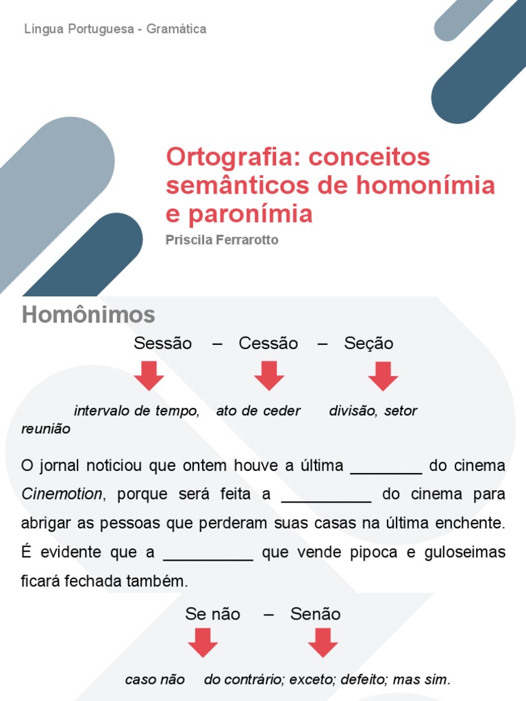 Homonímia e Paronímia na Língua Portuguesa | PDF | Artes Linguísticas e ...