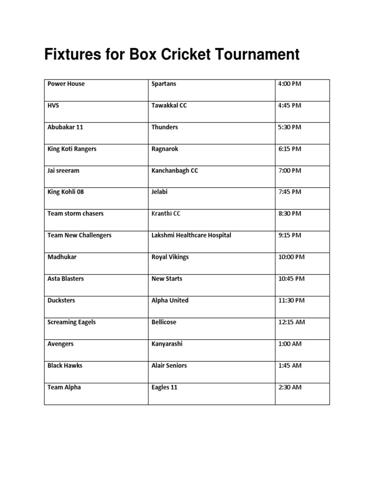 Fixtures For Box Cricket Tournament PDF