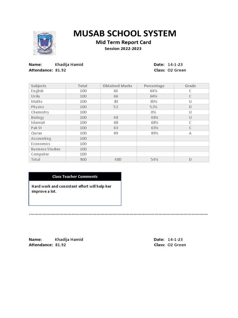 Musab School System: Mid Term Report Card | PDF