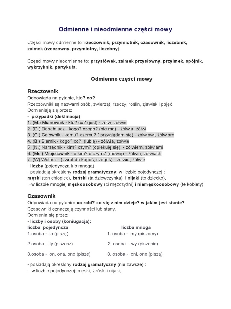 Części Mowy Odmienne I Nieodmienne Sprawdzian Klasa 8 Odmienne I Nieodmienne Cze S Ci Mowy | PDF