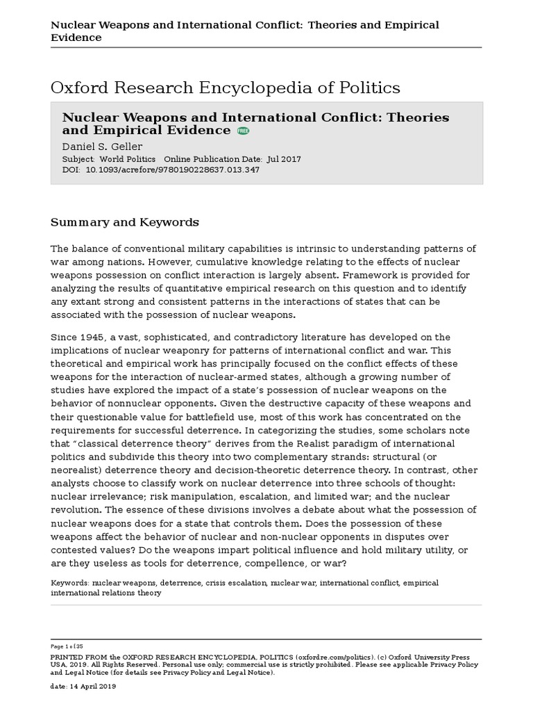Nuclear Weapons And International Conflict Theories And Empirical