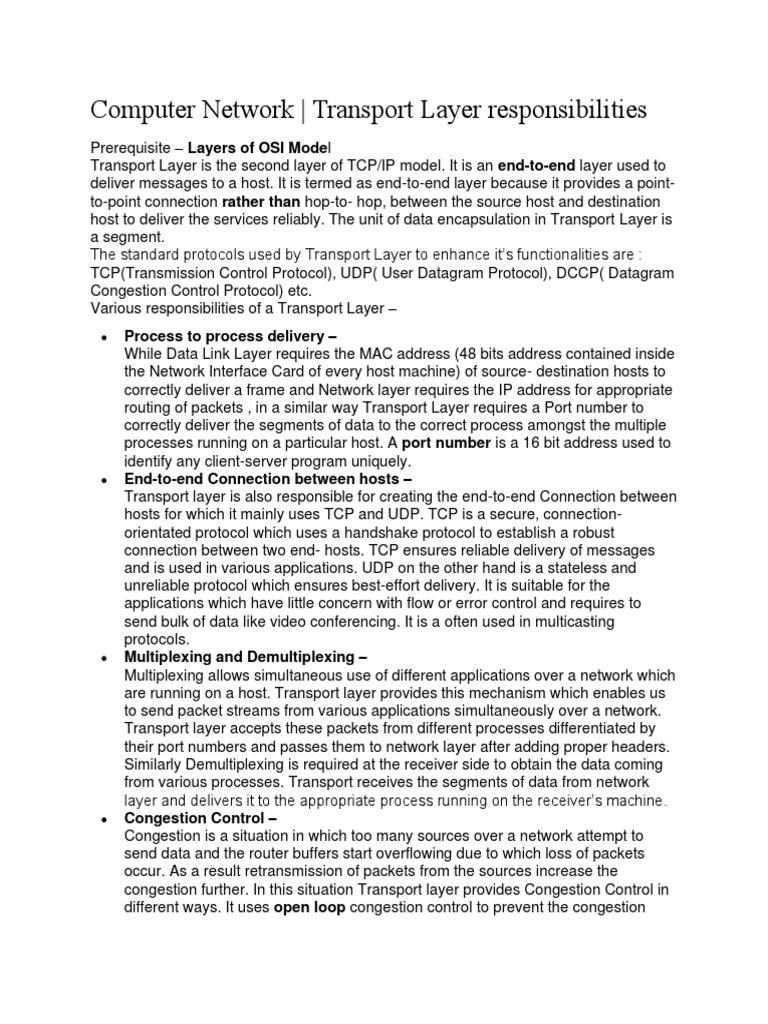 Transport Layer Responsibilities | PDF | Transmission Control Protocol
