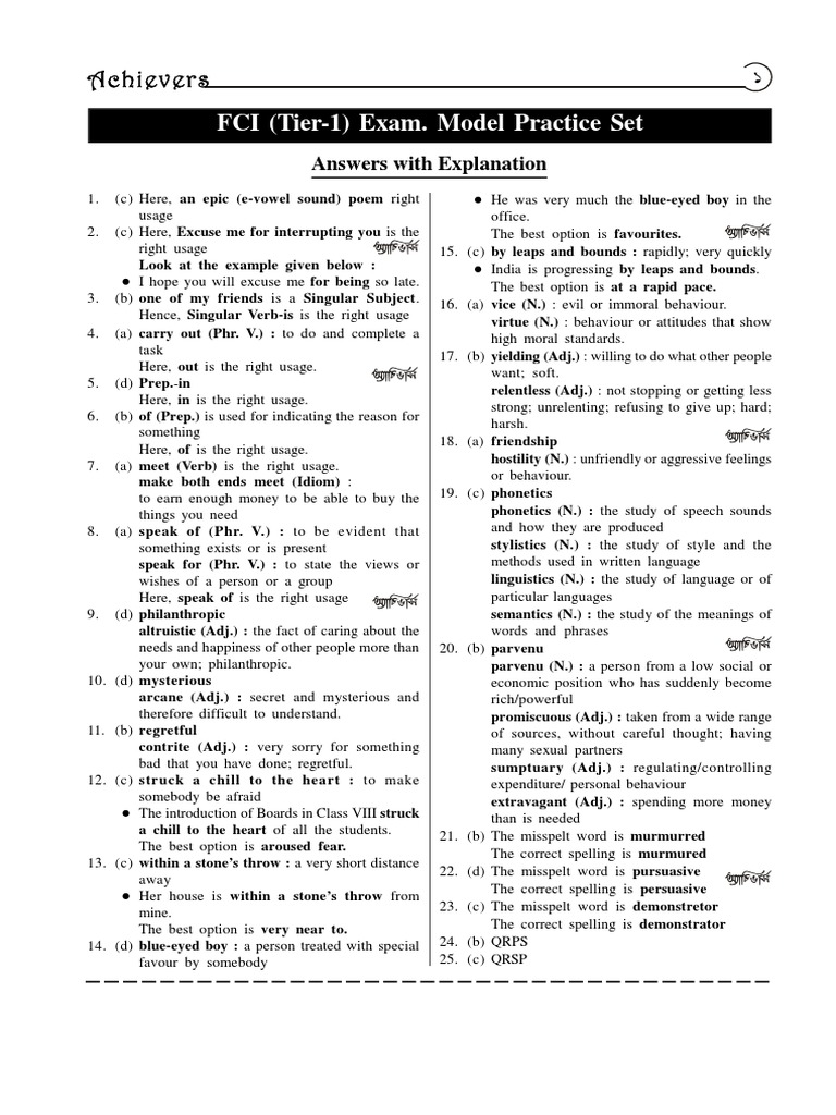 FCI (Tier 1) Exam. Model Practice Set (Page 95 100) PDF Argon