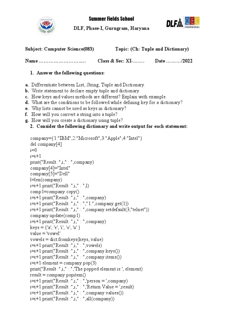 Analysis of tuple and dictionary operations on student data pdf