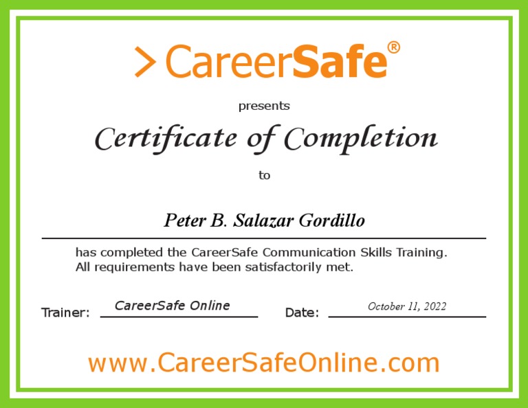 Certificate of Completion Careersafe PDF