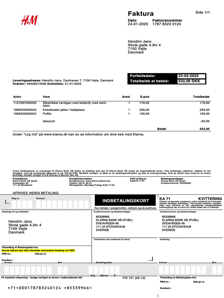 Invoice Handm Online DK 2023 01-21-13fe | PDF